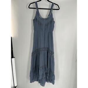 REBELLION AGAIN women's crochet baby doll dress size 6 maxi blue hi low hem boho